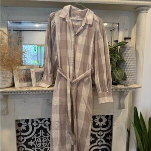 a new day Cream and Brown Plaid Midi Shirt Dress